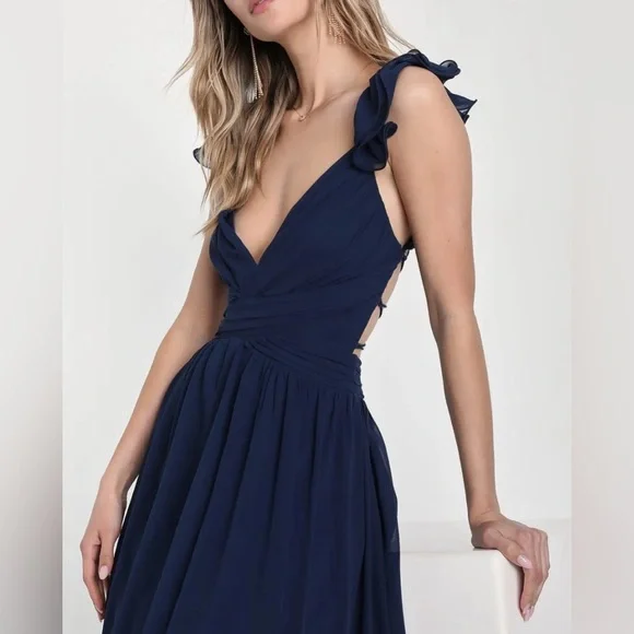 Lulus Maxi Dress Navy Blue Ruffled Lace-Up Soiree Celebration Formal Dress NWOT - Picture 3 of 10